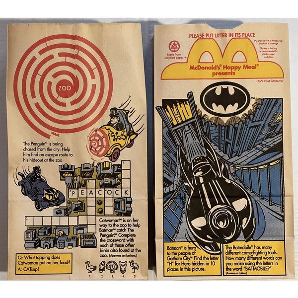 Vintage 1990s McDonald's Happy Meal Bag, Batman, Batmobile, DC Comics