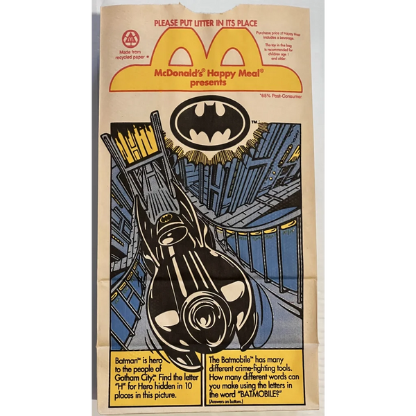 Vintage 1990s McDonald's Happy Meal Bag, Batman, Batmobile, DC Comics